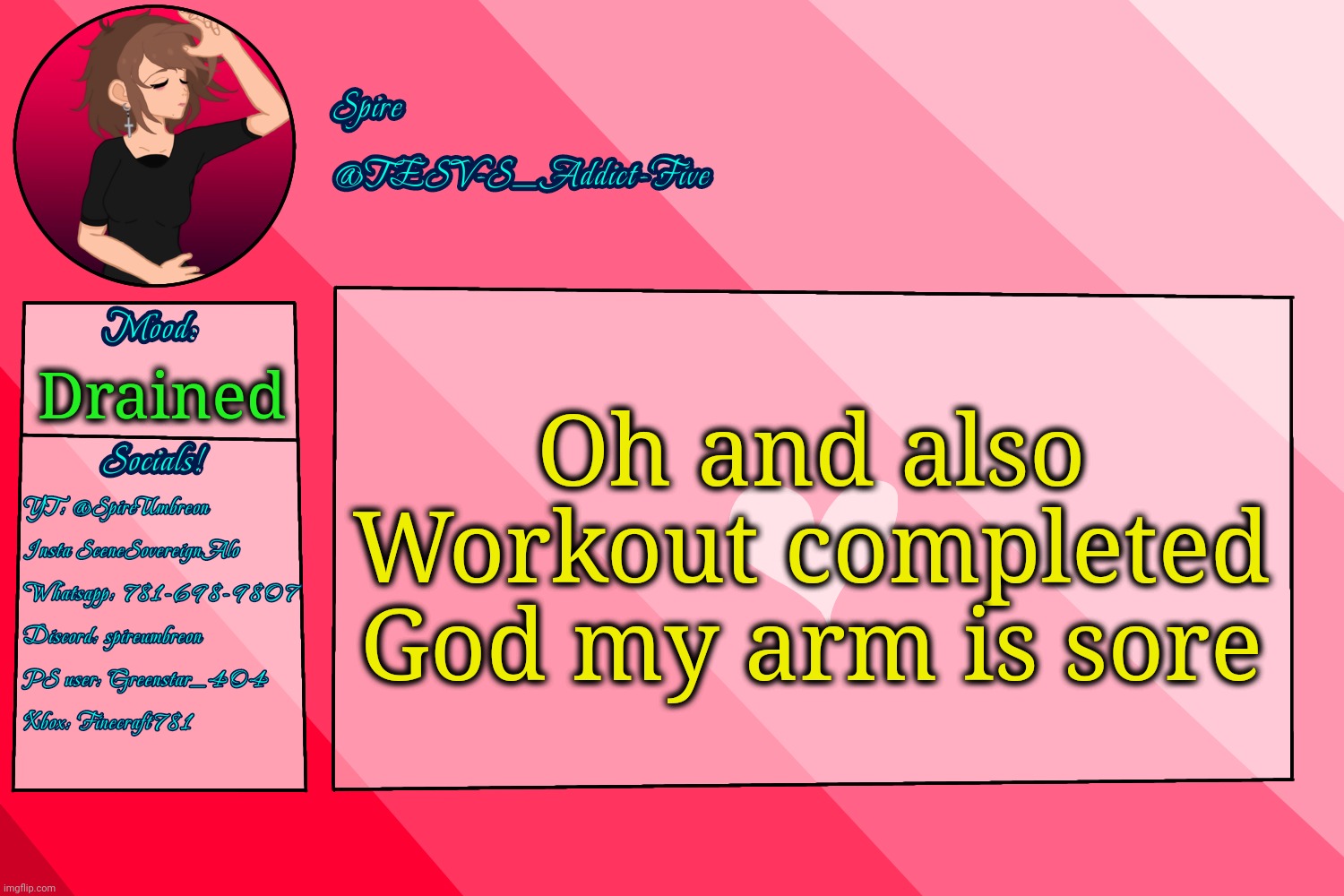But all for the gains bro | Oh and also
Workout completed
God my arm is sore; Drained | image tagged in tesv-s_addict-five announcement template | made w/ Imgflip meme maker