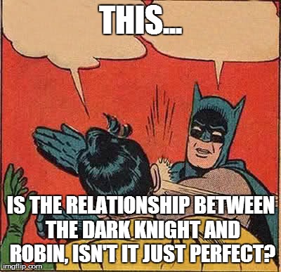 Batman Slapping Robin Meme | THIS... IS THE RELATIONSHIP BETWEEN THE DARK KNIGHT AND ROBIN, ISN'T IT JUST PERFECT? | image tagged in memes,batman slapping robin | made w/ Imgflip meme maker