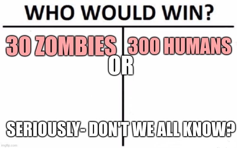 Zombies Vs humans | 30 ZOMBIES; 300 HUMANS; OR; SERIOUSLY- DON'T WE ALL KNOW? | image tagged in memes,who would win | made w/ Imgflip meme maker