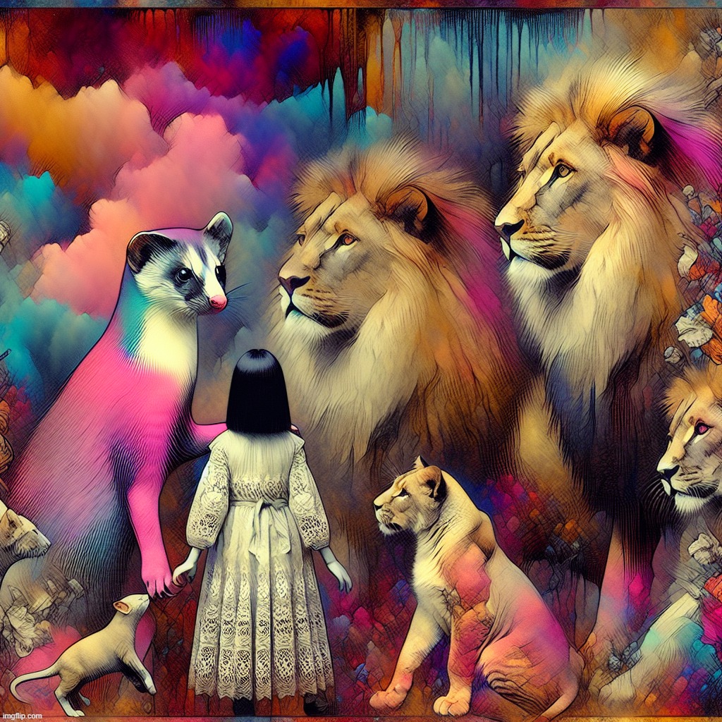 "Can you forgive? You must forgive, you should. Forgive, for you are of a noble household." | image tagged in dream,ai generated,weasel,lion,crying girl,crying girls and cat | made w/ Imgflip meme maker