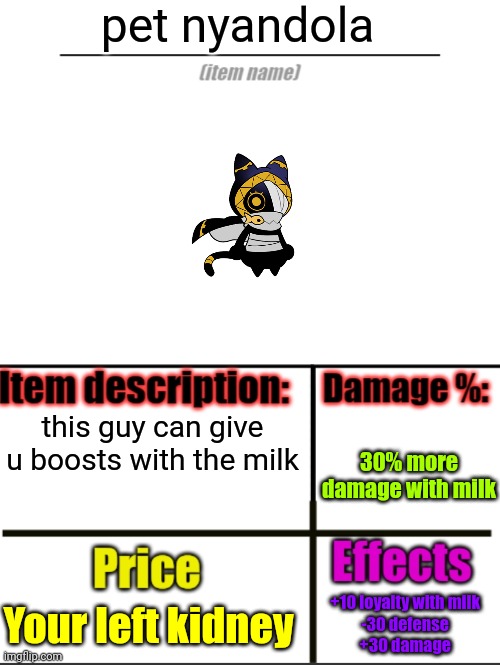 Item-shop extended | pet nyandola; this guy can give u boosts with the milk; 30% more damage with milk; Your left kidney; +10 loyalty with milk
-30 defense
+30 damage | image tagged in item-shop extended | made w/ Imgflip meme maker