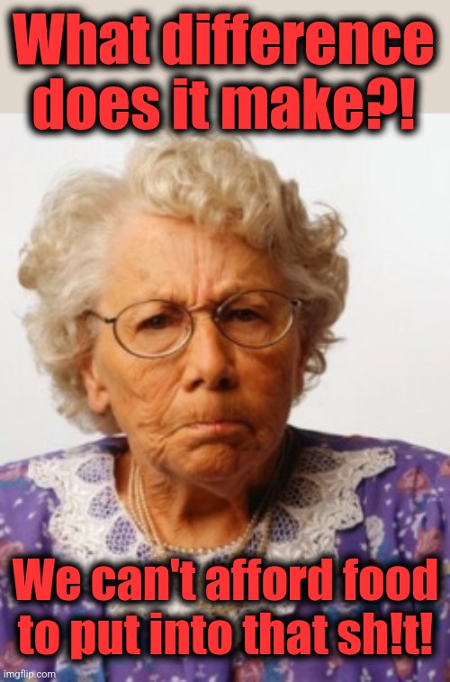 Angry Old Woman | What difference does it make?! We can't afford food to put into that sh!t! | image tagged in angry old woman | made w/ Imgflip meme maker