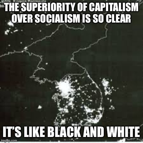 THE SUPERIORITY OF CAPITALISM OVER SOCIALISM IS SO CLEAR; IT’S LIKE BLACK AND WHITE | image tagged in korea at night | made w/ Imgflip meme maker