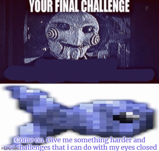 your final challenge | Come on. Give me something harder and not challenges that i can do with my eyes closed | image tagged in your final challenge | made w/ Imgflip meme maker
