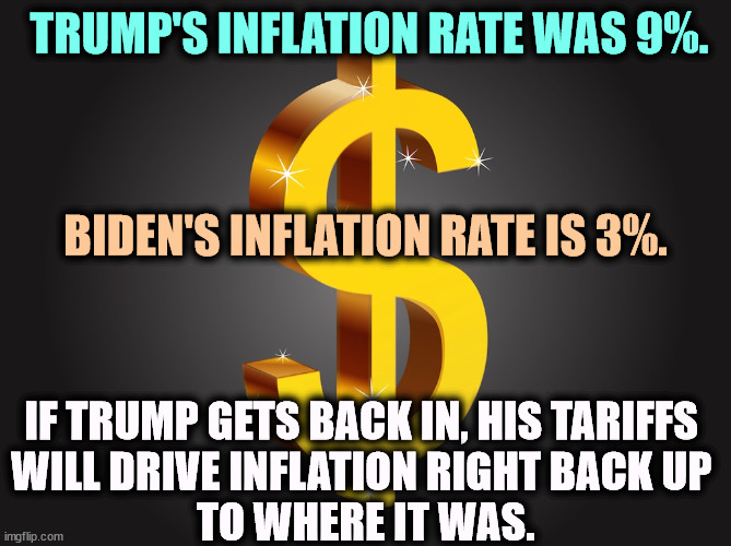 If the convicted felon Trump gets elected, you will hate what happens to prices. | TRUMP'S INFLATION RATE WAS 9%. BIDEN'S INFLATION RATE IS 3%. IF TRUMP GETS BACK IN, HIS TARIFFS 
WILL DRIVE INFLATION RIGHT BACK UP 
TO WHERE IT WAS. | image tagged in dollar sign,trump,inflation,biden,economy,tariffs | made w/ Imgflip meme maker