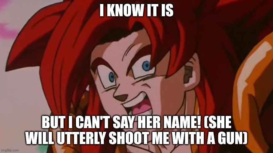 Dragon Ball GT SSJ4 Gogeta | I KNOW IT IS BUT I CAN'T SAY HER NAME! (SHE WILL UTTERLY SHOOT ME WITH A GUN) | image tagged in dragon ball gt ssj4 gogeta | made w/ Imgflip meme maker