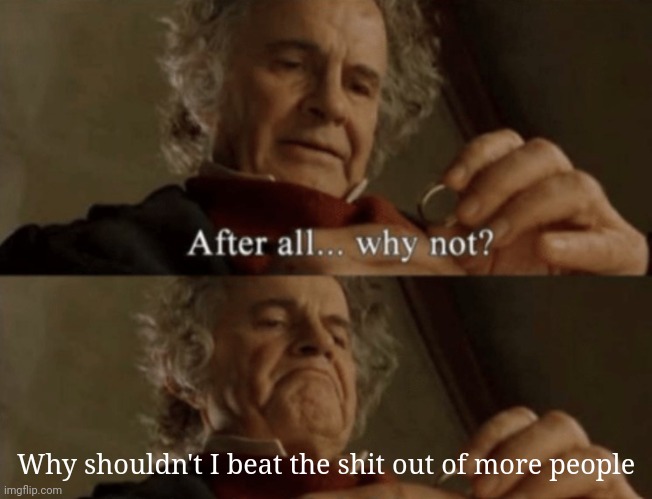 After all.. why not? | Why shouldn't I beat the shit out of more people | image tagged in after all why not | made w/ Imgflip meme maker