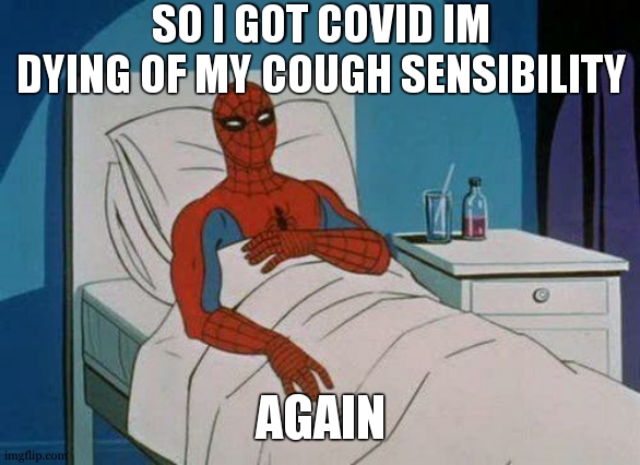 and im stuck in bed for 1 week said the doktor | SO I GOT COVID IM DYING OF MY COUGH SENSIBILITY; AGAIN | image tagged in memes,spiderman hospital,spiderman | made w/ Imgflip meme maker