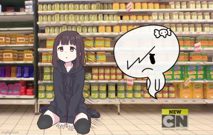Menhera-chan shuts to Carrie | image tagged in tawog backgrounds super market | made w/ Imgflip meme maker