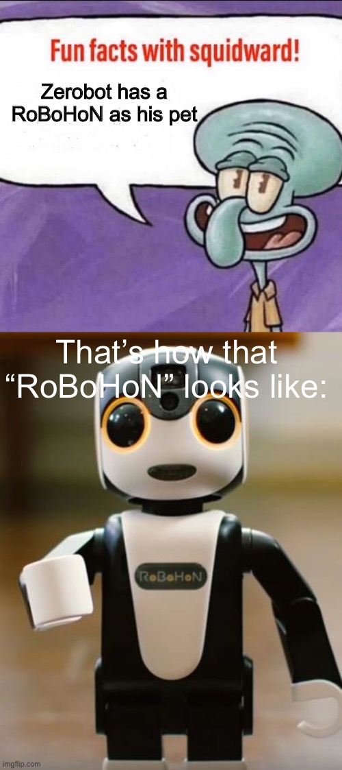 RoBoHoN is a Japanese robot that he has (Zerobot finds the look terrifying and adorable at the same time) | Zerobot has a RoBoHoN as his pet; That’s how that “RoBoHoN” looks like: | image tagged in fun facts with squidward | made w/ Imgflip meme maker