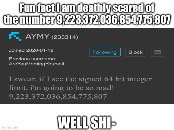 Horrifying | Fun fact I am deathly scared of the number 9,223,372,036,854,775,807; WELL SHI- | image tagged in blank white template | made w/ Imgflip meme maker