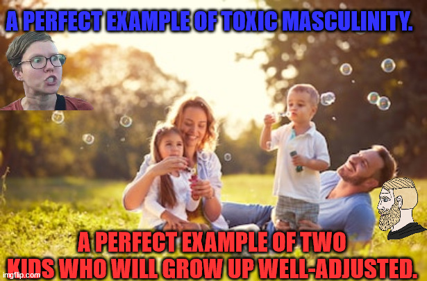 One Image two perspectives | A PERFECT EXAMPLE OF TOXIC MASCULINITY. A PERFECT EXAMPLE OF TWO KIDS WHO WILL GROW UP WELL-ADJUSTED. | image tagged in happy family | made w/ Imgflip meme maker