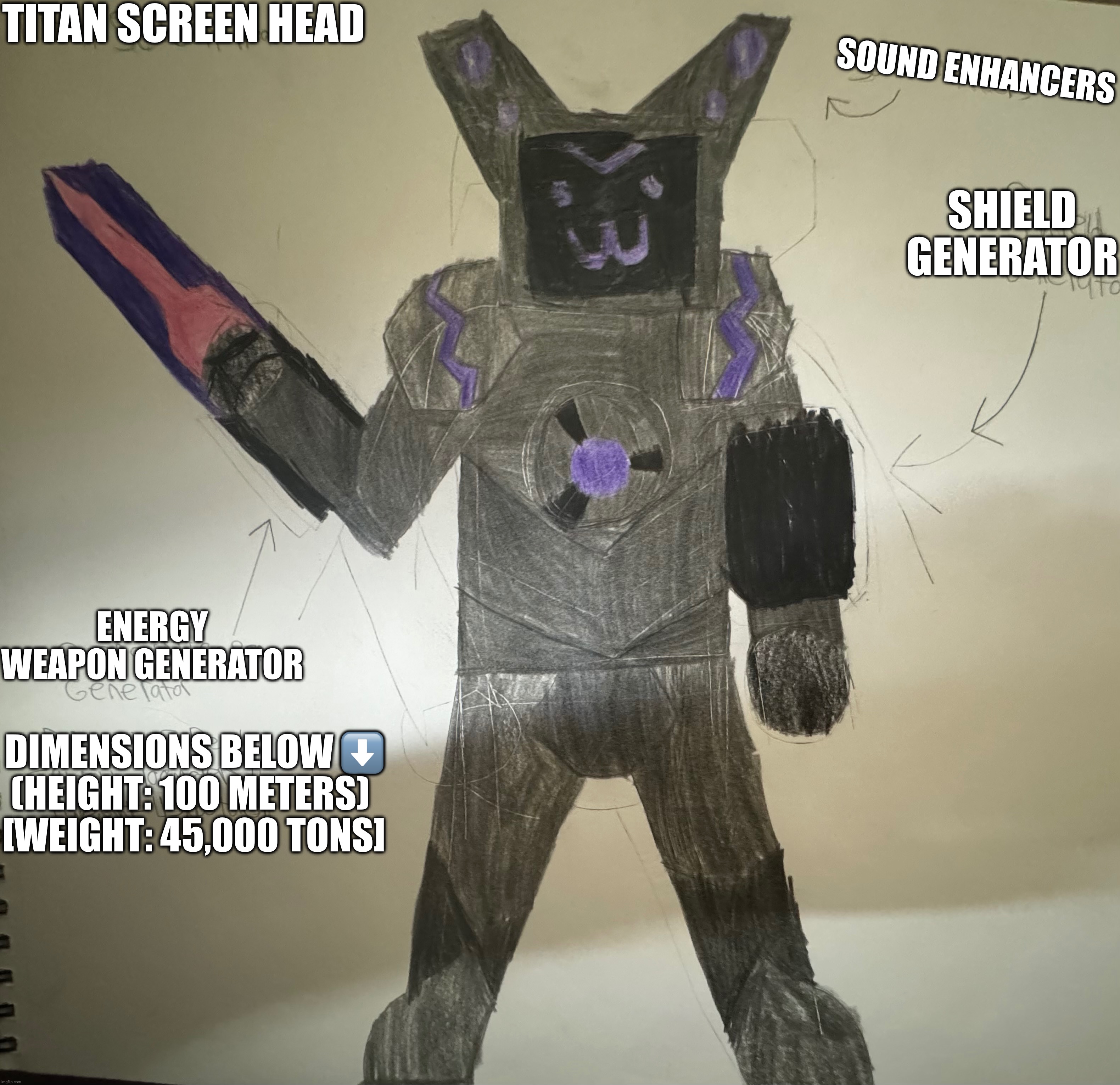 My contribution to the Screen Head Cult is done | TITAN SCREEN HEAD; SOUND ENHANCERS; SHIELD GENERATOR; ENERGY WEAPON GENERATOR; DIMENSIONS BELOW ⬇️
(HEIGHT: 100 METERS) 
[WEIGHT: 45,000 TONS] | made w/ Imgflip meme maker