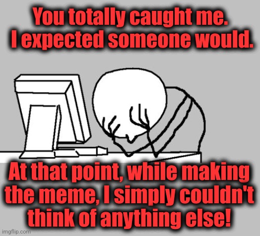 Computer Guy Facepalm Meme | You totally caught me.  I expected someone would. At that point, while making
the meme, I simply couldn't
think of anything else! | image tagged in memes,computer guy facepalm | made w/ Imgflip meme maker