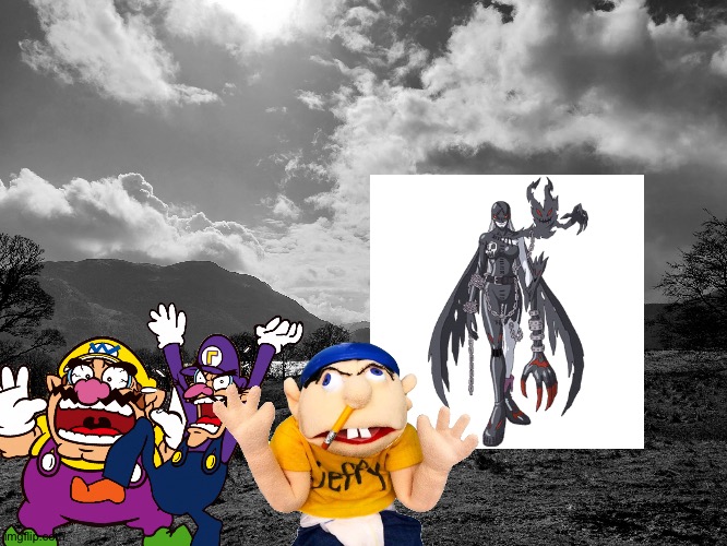 Wario,Waluigi and Jeffy dies by Ladydevimon while exploring at dark landscape | image tagged in dark landscape,wario dies,waluigi,digimon,jeffy,crossover | made w/ Imgflip meme maker