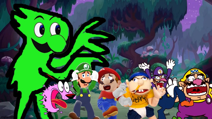 Wario and Friends dies by a Green furry Demon Weegee while exploring in a forest | image tagged in mlp forest,wario dies,super mario,courage the cowardly dog,jeffy,weegee | made w/ Imgflip meme maker