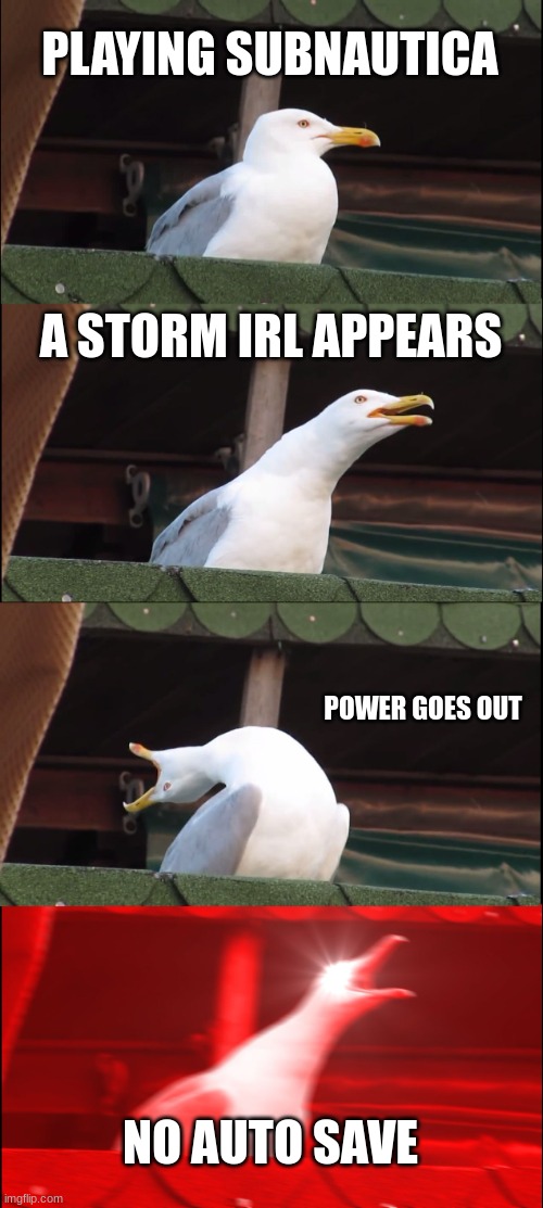pray for autosave in number 3 | PLAYING SUBNAUTICA; A STORM IRL APPEARS; POWER GOES OUT; NO AUTO SAVE | image tagged in memes,inhaling seagull | made w/ Imgflip meme maker
