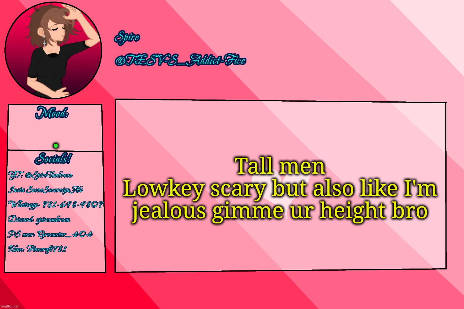 . | Tall men
Lowkey scary but also like I'm jealous gimme ur height bro; . | image tagged in tesv-s_addict-five announcement template | made w/ Imgflip meme maker