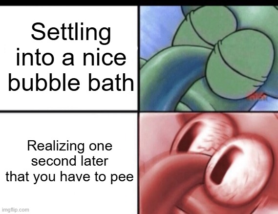 Squidward sleeping | Settling into a nice bubble bath; Realizing one second later that you have to pee | image tagged in squidward sleeping | made w/ Imgflip meme maker