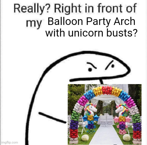 Really, right in front of my | Balloon Party Arch with unicorn busts? | image tagged in really right in front of my | made w/ Imgflip meme maker