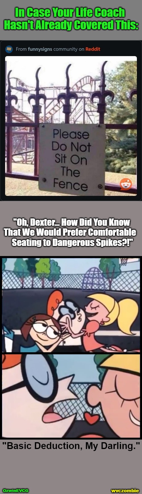 [@wvczombie / EVCG] | In Case Your Life Coach 

Hasn't Already Covered This:; "Oh, Dexter... How Did You Know 

That We Would Prefer Comfortable   

Seating to Dangerous Spikes?!"; "Basic Deduction, My Darling."; wvczombie; OzwinEVCG | image tagged in memes,funny,signs,you had one job,falling iq,say it again dexter | made w/ Imgflip meme maker