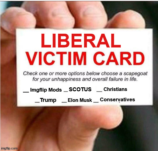 What's in their wallet?  It gets played on a daily basis... | __ Imgflip Mods | image tagged in liberal,victim card,blame everyone else | made w/ Imgflip meme maker