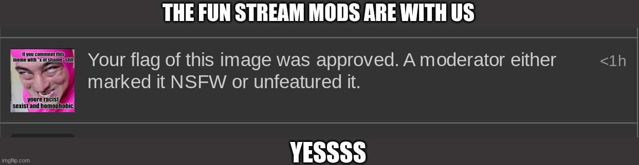 sorry if I haven't posted in a while, I just got back to canada and had to do some other stuff | THE FUN STREAM MODS ARE WITH US; YESSSS | image tagged in yay,mods,are,on,our,side | made w/ Imgflip meme maker