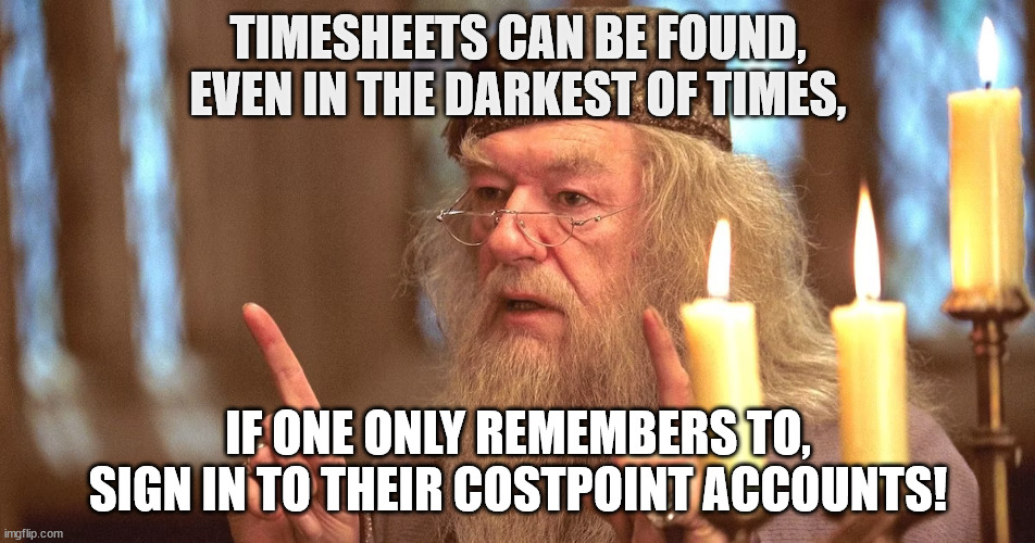 Costpoint meme | TIMESHEETS CAN BE FOUND, EVEN IN THE DARKEST OF TIMES, IF ONE ONLY REMEMBERS TO, SIGN IN TO THEIR COSTPOINT ACCOUNTS! | image tagged in timesheets,dumbledore,costpoint,time,work | made w/ Imgflip meme maker