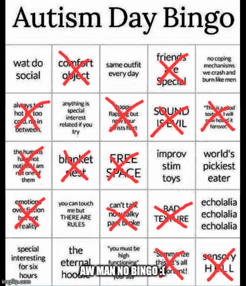 autism bingo | AW MAN NO BINGO :( | image tagged in autism bingo | made w/ Imgflip meme maker