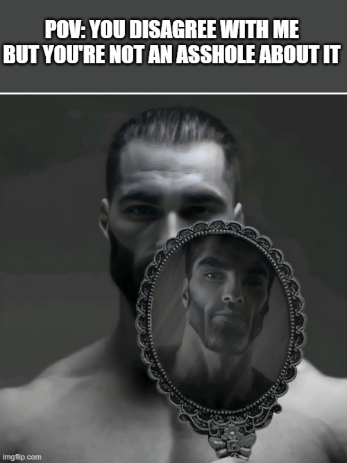 Gigachad Mirror | POV: YOU DISAGREE WITH ME BUT YOU'RE NOT AN ASSHOLE ABOUT IT | image tagged in gigachad mirror,memes,the truth is out there,hey you,you're fired | made w/ Imgflip meme maker