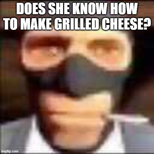 spi | DOES SHE KNOW HOW TO MAKE GRILLED CHEESE? | image tagged in spi,memes,team fortress 2,spy | made w/ Imgflip meme maker