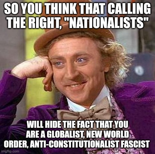 I love America, I love our Constitution, I love liberty.  Globalists despise and deplore everything I love. | SO YOU THINK THAT CALLING THE RIGHT, "NATIONALISTS"; WILL HIDE THE FACT THAT YOU ARE A GLOBALIST, NEW WORLD ORDER, ANTI-CONSTITUTIONALIST FASCIST | image tagged in globalists are fascists,globalists are anti-liberty | made w/ Imgflip meme maker