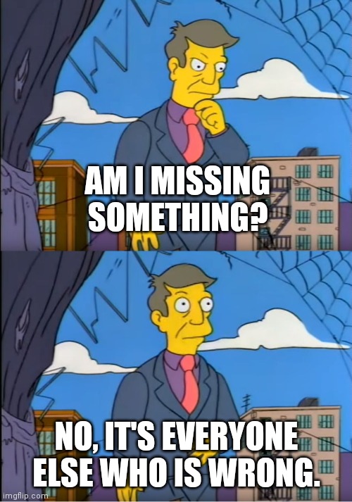Skinner Out Of Touch | AM I MISSING SOMETHING? NO, IT'S EVERYONE ELSE WHO IS WRONG. | image tagged in skinner out of touch | made w/ Imgflip meme maker