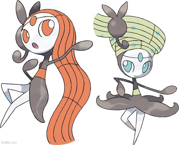 Meloetta's forms but color swapped | image tagged in color swapped meloetta aria form,color swapped meloetta pirouette form | made w/ Imgflip meme maker