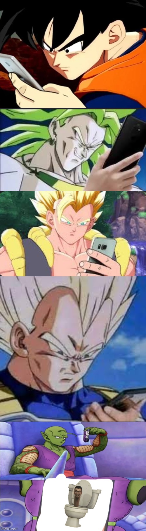 image tagged in goku sees phone and sends to piccolo,broly looking at his phone,gogeta gets message from piccolo,vegeta looking at phones | made w/ Imgflip meme maker