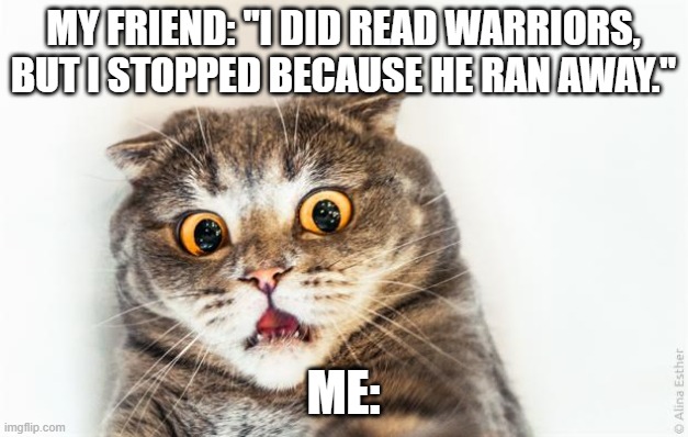 THIS ACTUALLY HAPPENED | MY FRIEND: "I DID READ WARRIORS, BUT I STOPPED BECAUSE HE RAN AWAY."; ME: | made w/ Imgflip meme maker