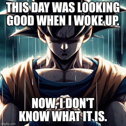 Sad Goku | THIS DAY WAS LOOKING GOOD WHEN I WOKE UP. NOW, I DON'T KNOW WHAT IT IS. | image tagged in sad goku | made w/ Imgflip meme maker