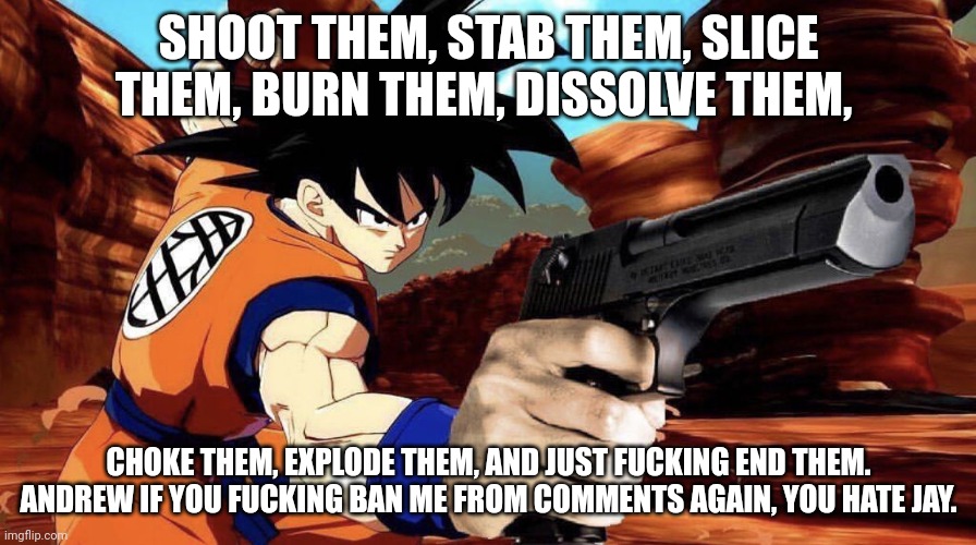 Goku with a gun | SHOOT THEM, STAB THEM, SLICE THEM, BURN THEM, DISSOLVE THEM, CHOKE THEM, EXPLODE THEM, AND JUST FUCKING END THEM. ANDREW IF YOU FUCKING BAN  | image tagged in goku with a gun | made w/ Imgflip meme maker