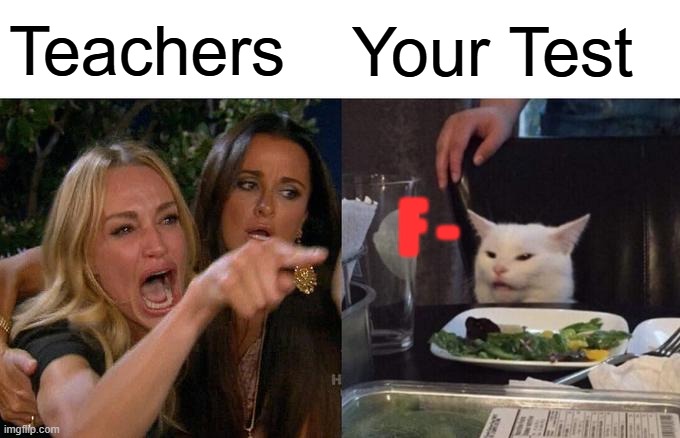 Teachers Your Test F - | image tagged in memes,woman yelling at cat | made w/ Imgflip meme maker