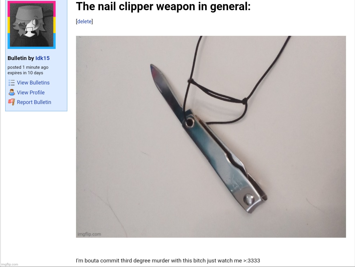 The nail clipper weapon in general: | made w/ Imgflip meme maker