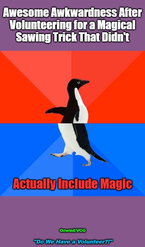 "Do We Have a Volunteer?!" | Awesome Awkwardness After 

Volunteering for a Magical 

Sawing Trick That Didn't; Actually Include Magic; OzwinEVCG; "Do We Have a Volunteer?!" | image tagged in awkward,magic,dark,surprise,trick,ouch | made w/ Imgflip meme maker