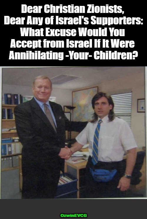If You Support Israel | Dear Christian Zionists, 

 Dear Any of Israel's Supporters: 

What Excuse Would You 

Accept from Israel If It Were 

Annihilating -Your- Children? OzwinEVCG | image tagged in israel,palestine,war,children,christians,question | made w/ Imgflip meme maker