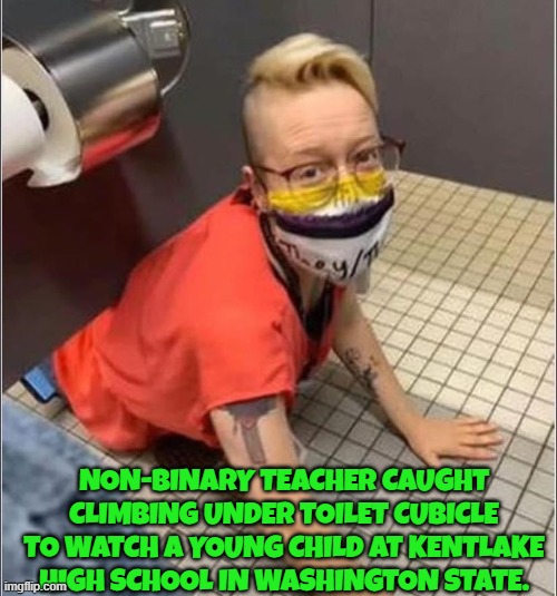 Crawl under | NON-BINARY TEACHER CAUGHT CLIMBING UNDER TOILET CUBICLE TO WATCH A YOUNG CHILD AT KENTLAKE HIGH SCHOOL IN WASHINGTON STATE. | made w/ Imgflip meme maker