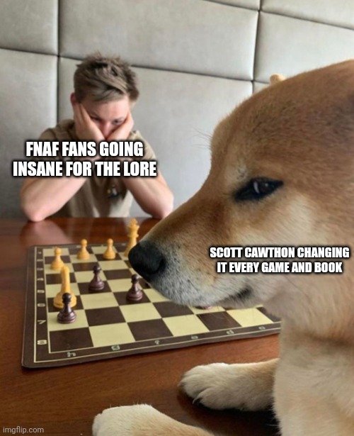 Dog playing chess | FNAF FANS GOING INSANE FOR THE LORE; SCOTT CAWTHON CHANGING IT EVERY GAME AND BOOK | image tagged in dog playing chess | made w/ Imgflip meme maker