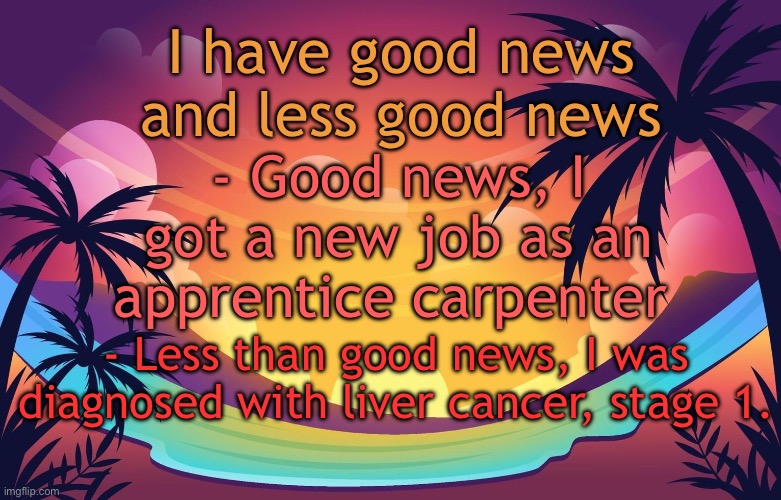 Trez (Summer) | I have good news and less good news; - Good news, I got a new job as an apprentice carpenter; - Less than good news, I was diagnosed with liver cancer, stage 1. | image tagged in trez summer | made w/ Imgflip meme maker