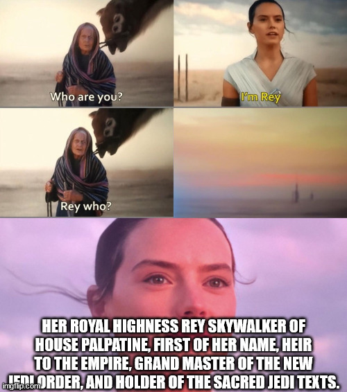 Rey Skywalker | HER ROYAL HIGHNESS REY SKYWALKER OF HOUSE PALPATINE, FIRST OF HER NAME, HEIR TO THE EMPIRE, GRAND MASTER OF THE NEW JEDI ORDER, AND HOLDER OF THE SACRED JEDI TEXTS. | image tagged in rey skywalker | made w/ Imgflip meme maker