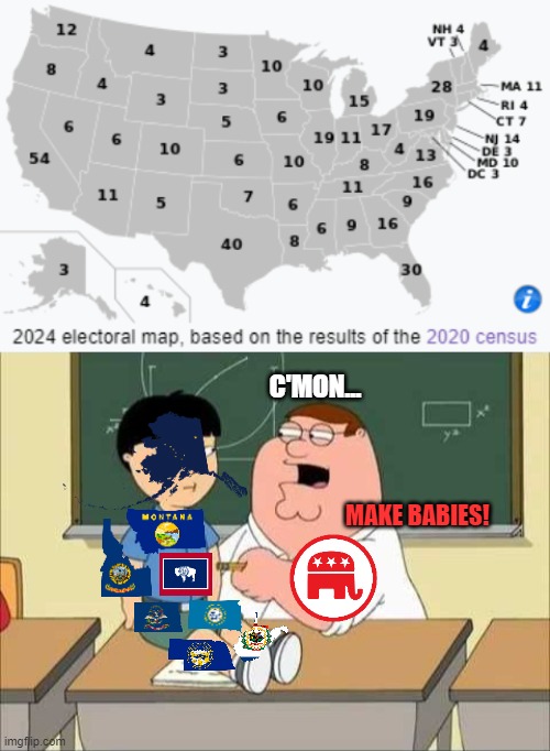 The Empty Eight need to start pulling their weight | C'MON... MAKE BABIES! | image tagged in memes,peter griffin,united states,electoral college,babies,republican party | made w/ Imgflip meme maker