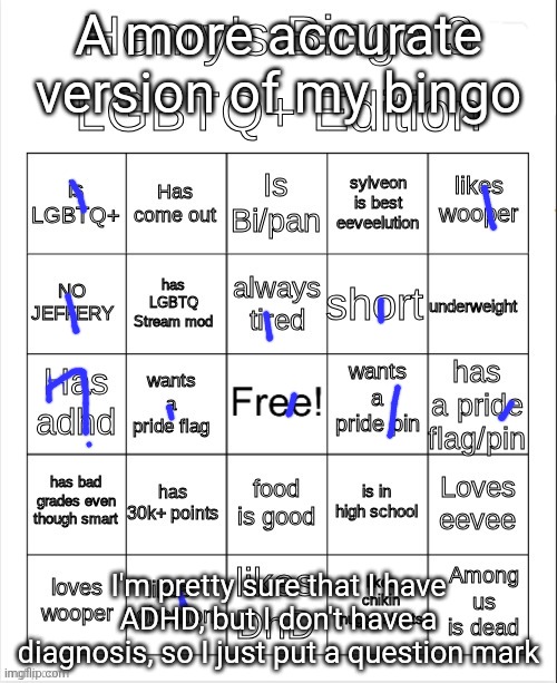 Henry's Bingo 3 LGBTQ+ edition | A more accurate version of my bingo; I'm pretty sure that I have ADHD, but I don't have a diagnosis, so I just put a question mark | image tagged in henry's bingo 3 lgbtq edition | made w/ Imgflip meme maker
