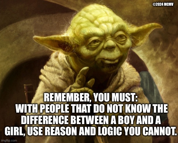 Yoda knows Difference. | ©2024 MCMV; REMEMBER, YOU MUST:
 WITH PEOPLE THAT DO NOT KNOW THE DIFFERENCE BETWEEN A BOY AND A GIRL, USE REASON AND LOGIC YOU CANNOT. | image tagged in yoda finger big,gender identity,logic | made w/ Imgflip meme maker
