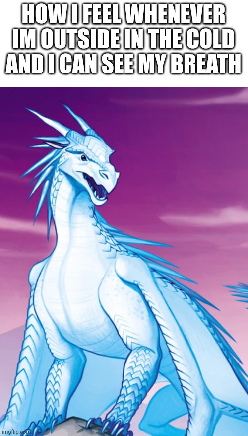 "HAHA!! I'M AN ICEWING NOW!" | HOW I FEEL WHENEVER IM OUTSIDE IN THE COLD AND I CAN SEE MY BREATH | image tagged in dragon,wings of fire,winter,cold,stop reading the tags,books | made w/ Imgflip meme maker